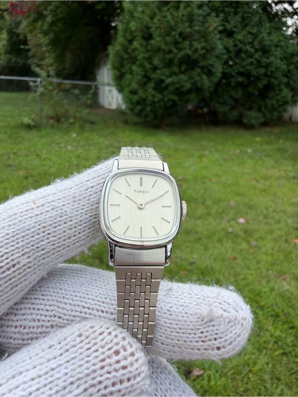 Vintage Timex Mechanical Ladies Cushion Case Watch Mexico Assembled Silver Dial